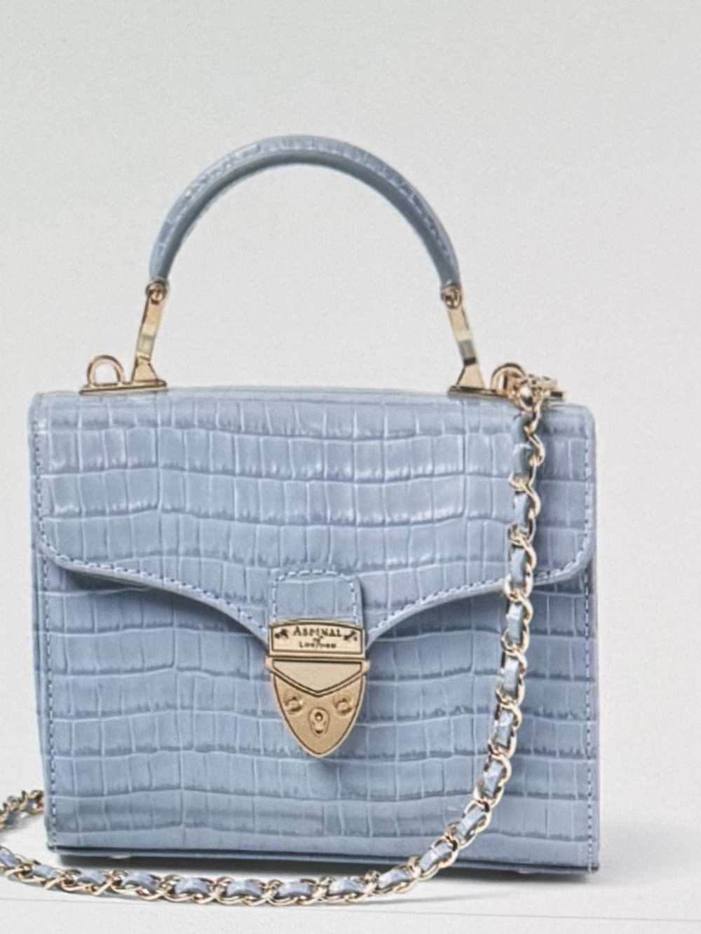 Aspinal of London, NWOT Mayfair Blue sky-Embossed Top Handle Bag w Chain Strap